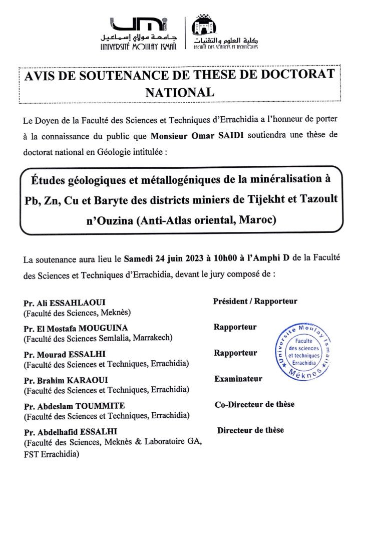 Avis de soutenance de thèse de doctorat en Géologie de Monsieur Omar